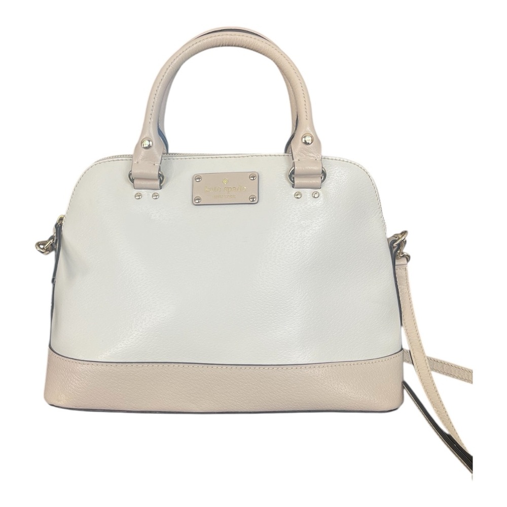 Kate Spade Large Wellesley Rachelle Leather Satchel Bag in Cream & Pebble/Tan